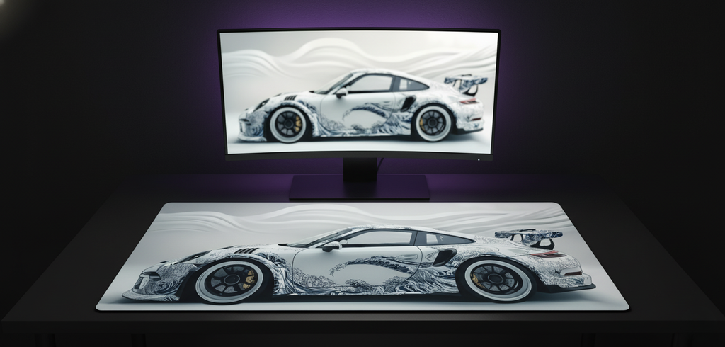 Porsche 911 Kanagwa Blue on White Deskmat (XXL)