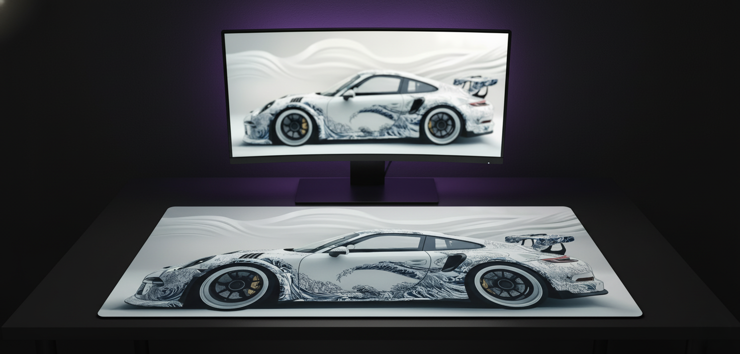 Porsche 911 Kanagwa Blue on White Deskmat (XXL)